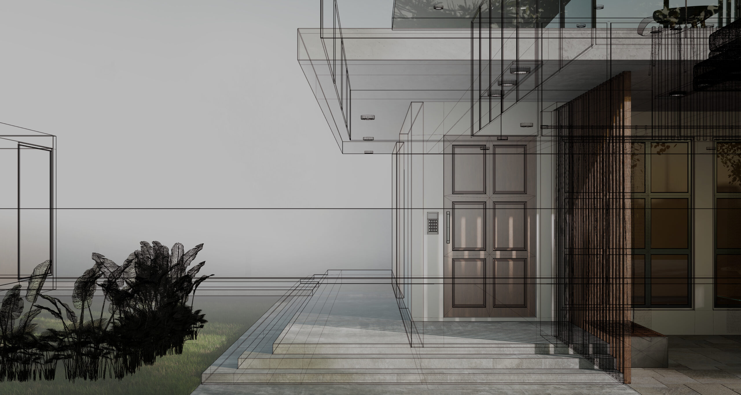 Architectural sketch becoming a built home